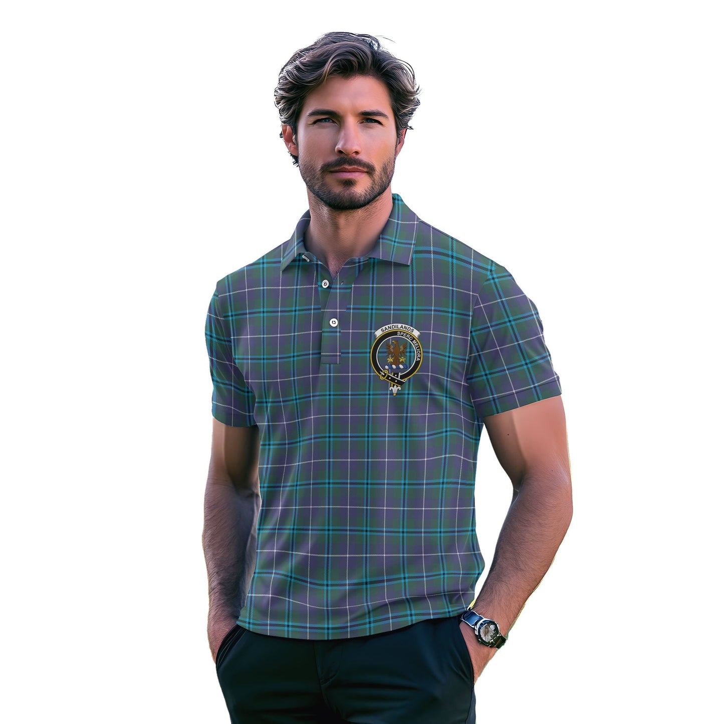 Clan Sandilands Tartan Golf Tartan Men Polo Shirt Crest And Plaid Basic Style