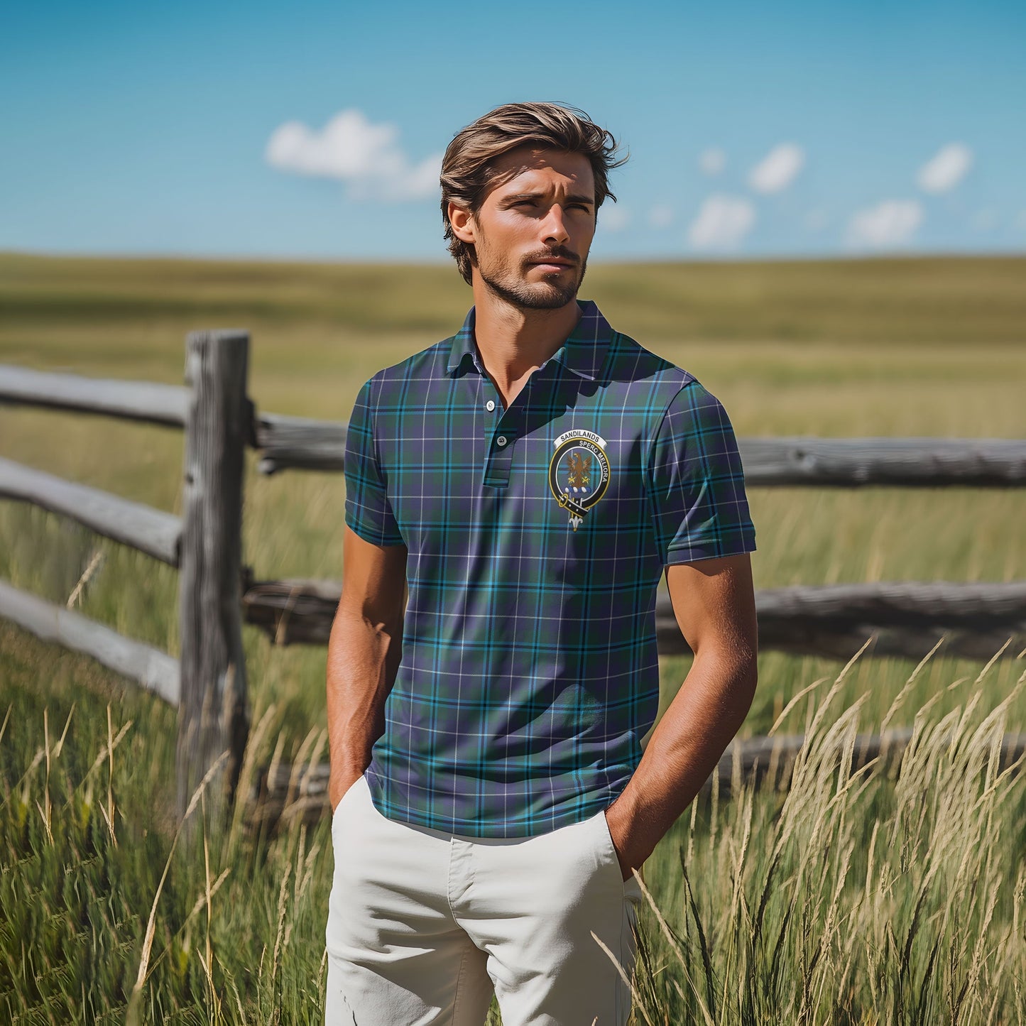 Clan Sandilands Tartan Golf Tartan Men Polo Shirt Crest And Plaid Basic Style