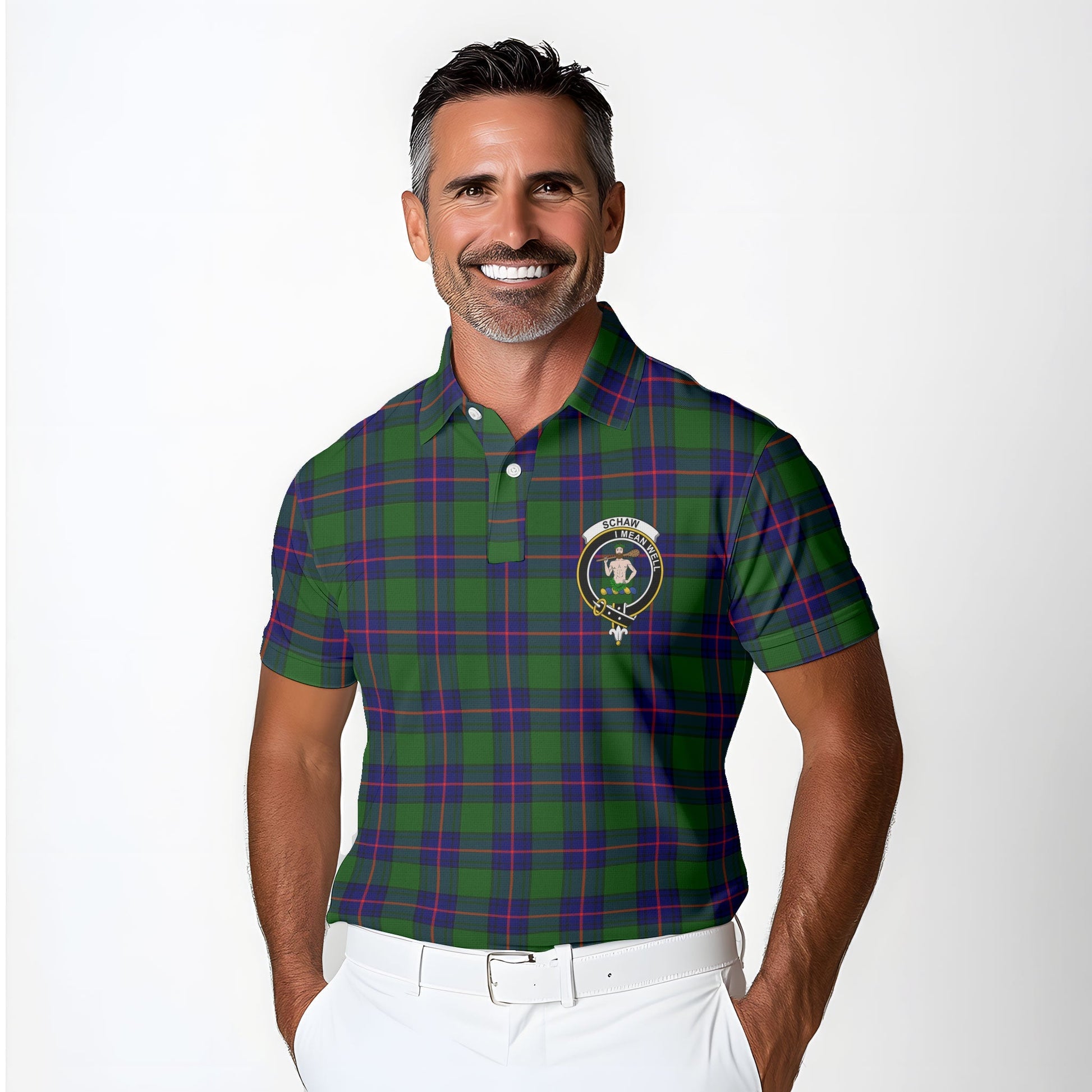 Clan Schaw Tartan Golf Tartan Men Polo Shirt Crest And Plaid Basic Style