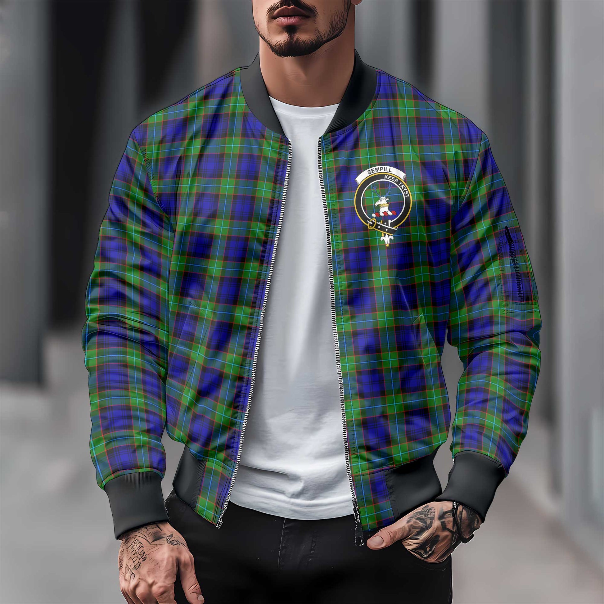 Clan Sempill Tartan Men Bomber Jacket Crest And Plaid Basic Style