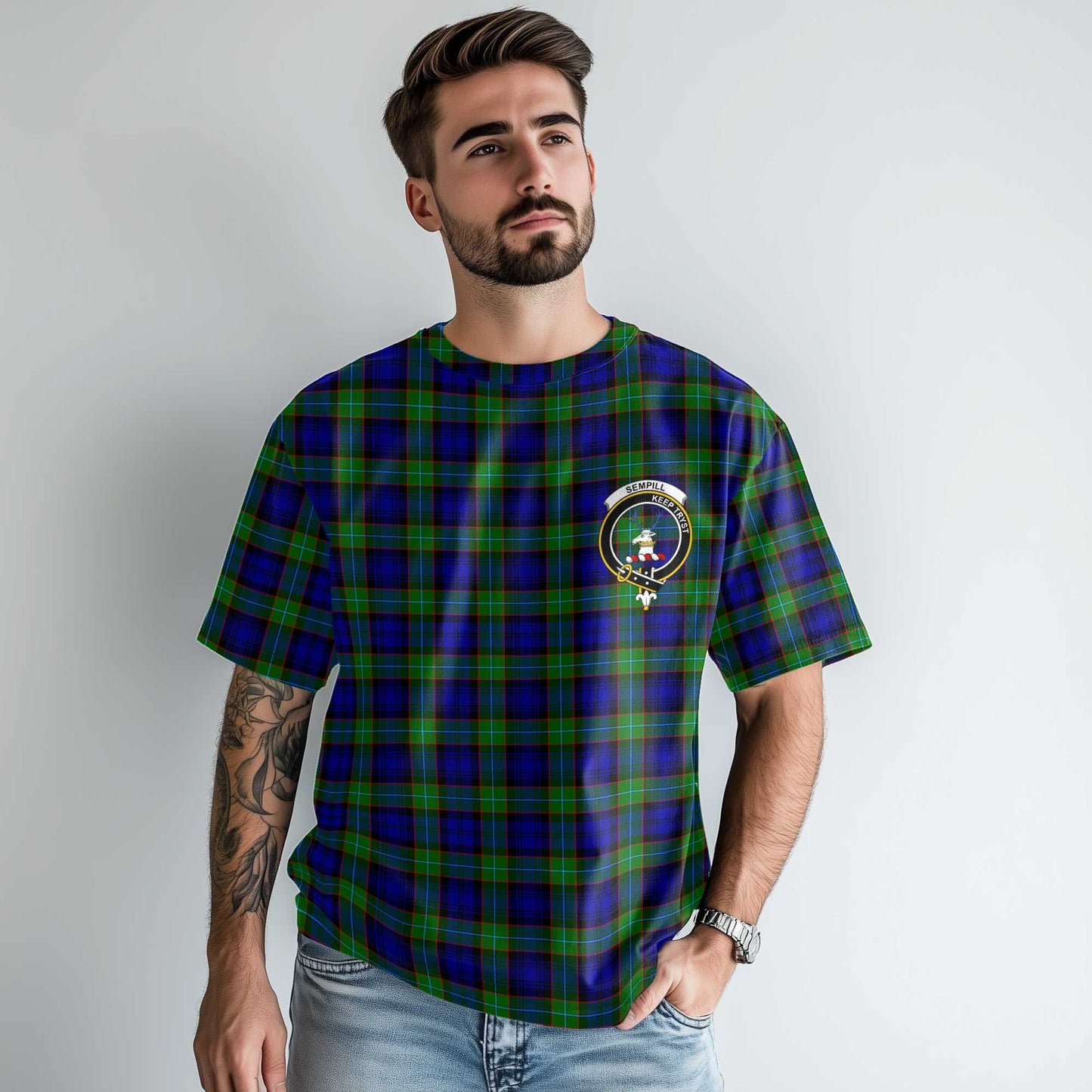 Clan Sempill Tartan Men T Shirt Crest And Plaid Basic Style