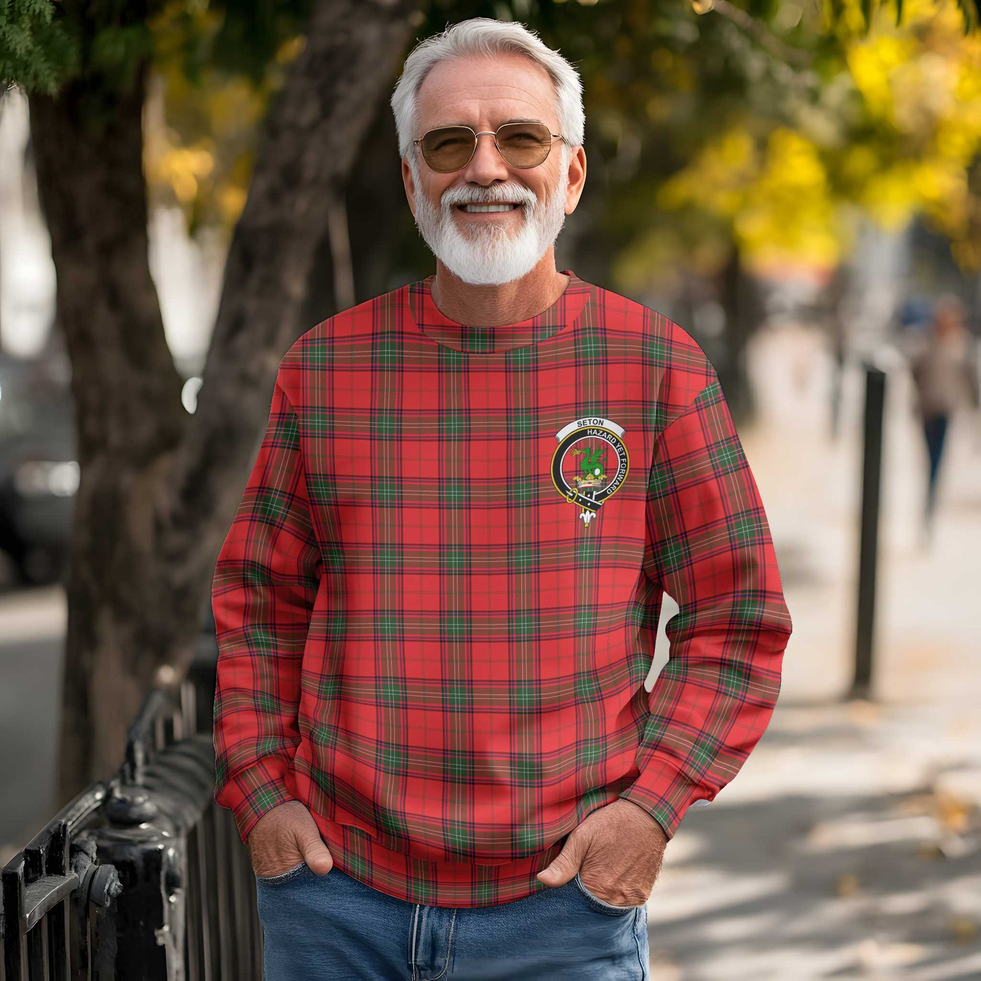 Clan Seton Tartan Men Sweatshirt Crest And Plaid Basic Style