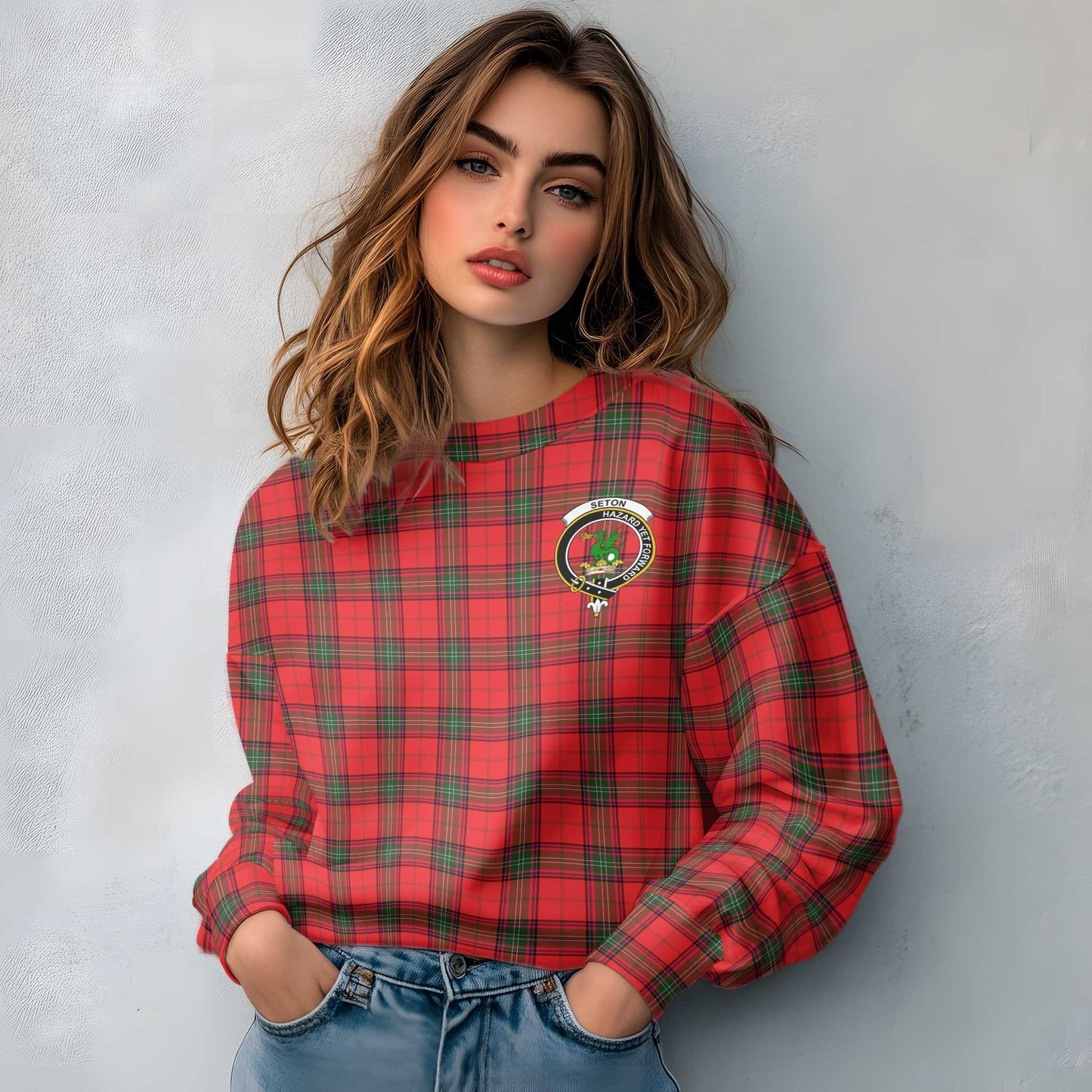 Clan Seton Tartan Women Sweatshirt Crest And Plaid Basic Style