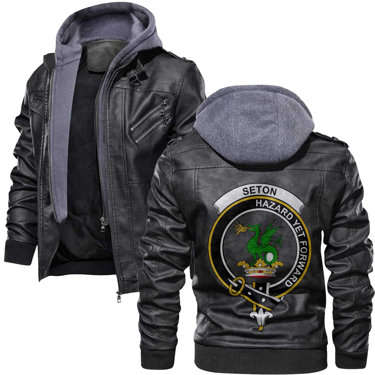 Clan Seton Tartan Zip Leather Jacket Crest And Plaid Basic Style