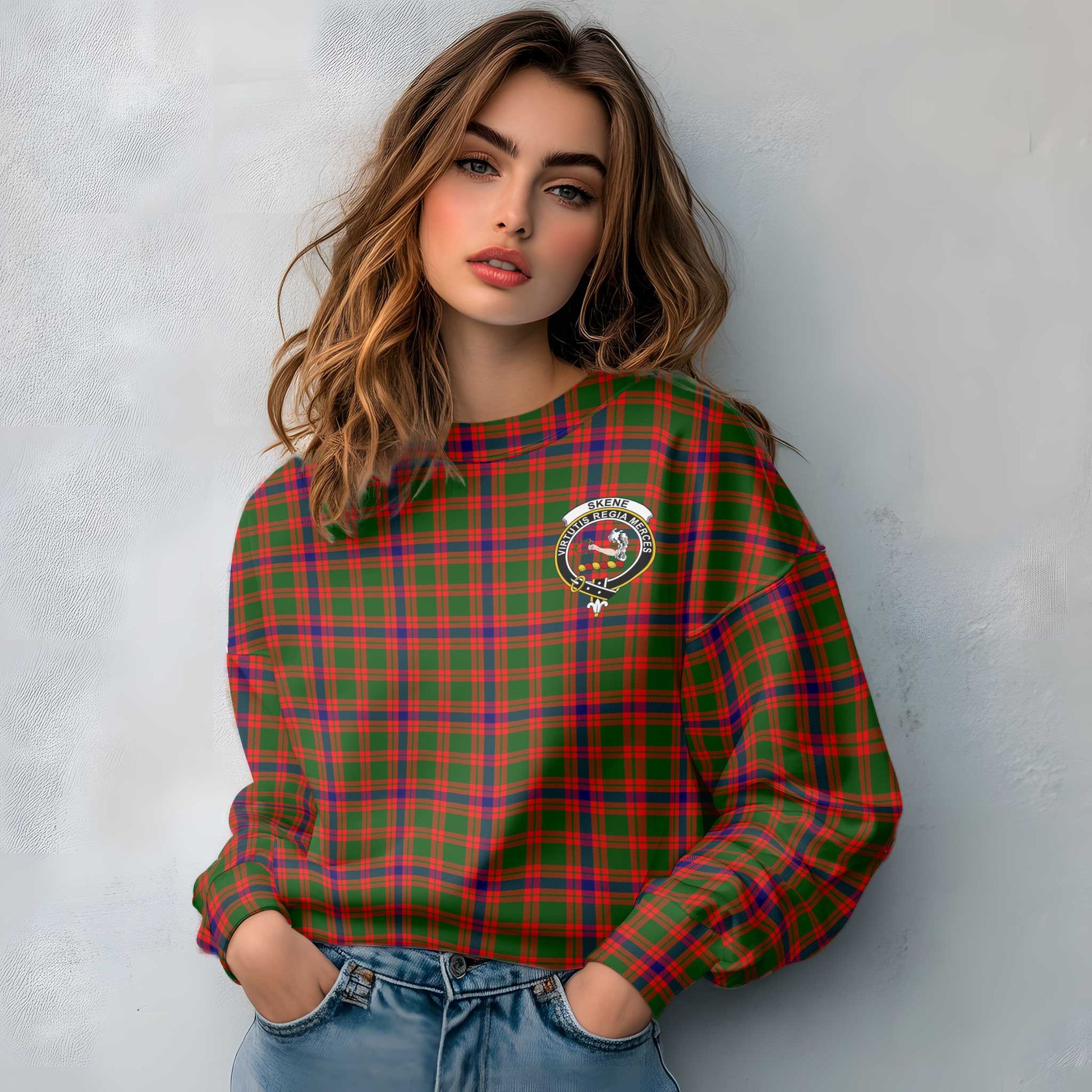 Clan Skene Tartan Women Sweatshirt Crest And Plaid Basic Style