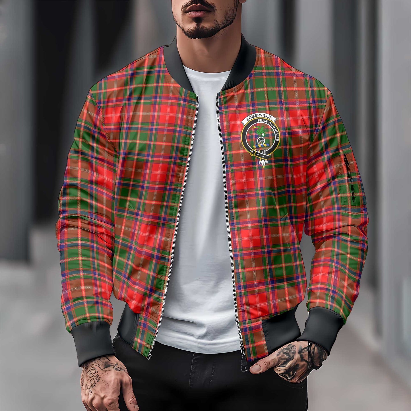 Clan Somerville Tartan Men Bomber Jacket Crest And Plaid Basic Style