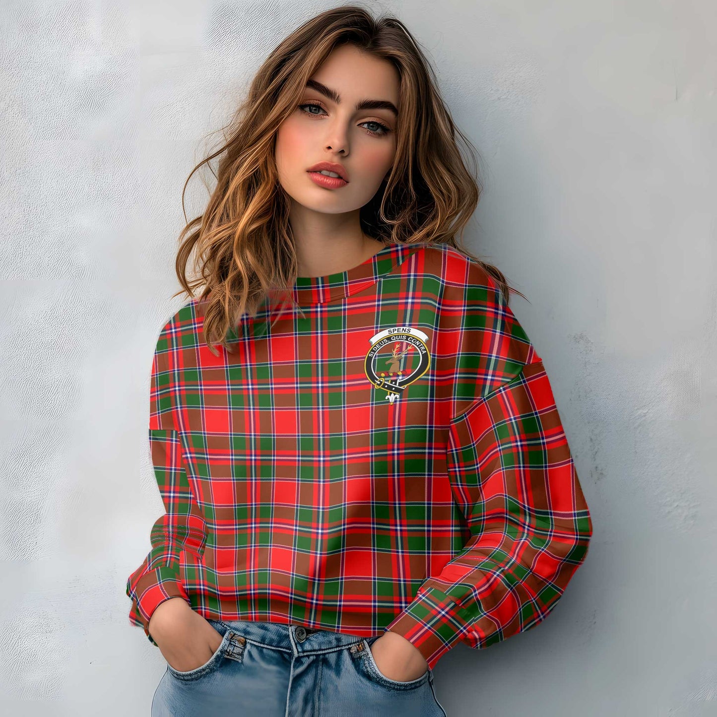 Clan Spens Tartan Women Sweatshirt Crest And Plaid Basic Style