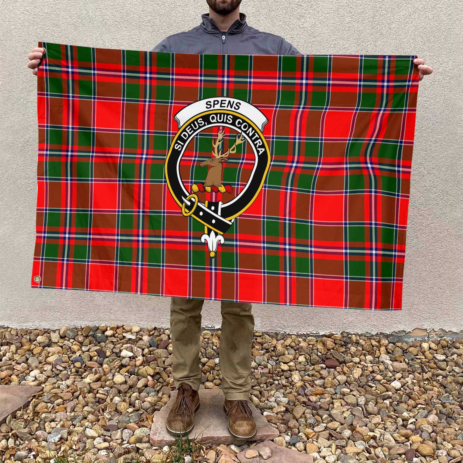 Clan Spens Or Spence Tartan Flag Crest And Plaid Basic Style