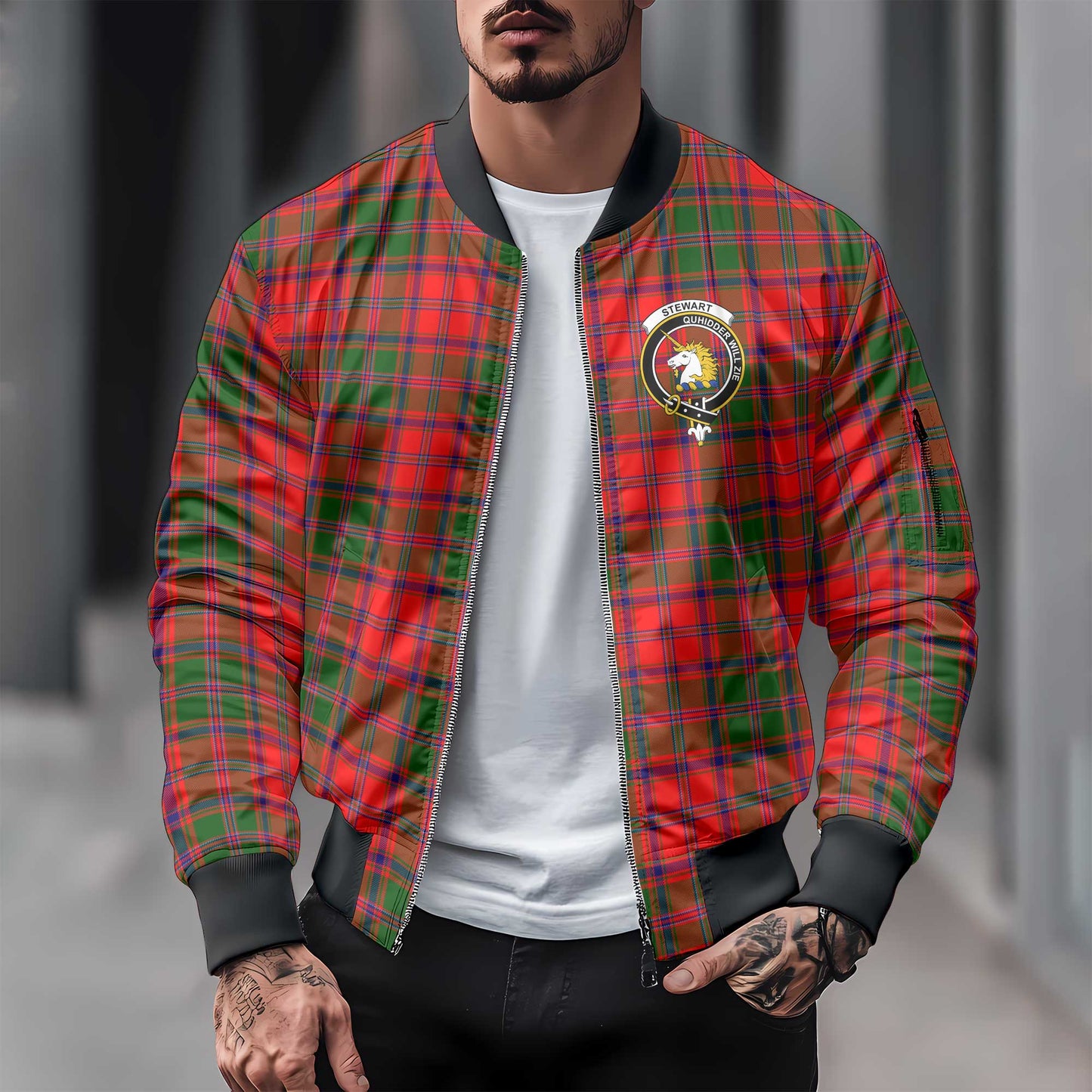 Clan Stewart High Stewards Tartan Men Bomber Jacket Crest And Plaid Basic Style