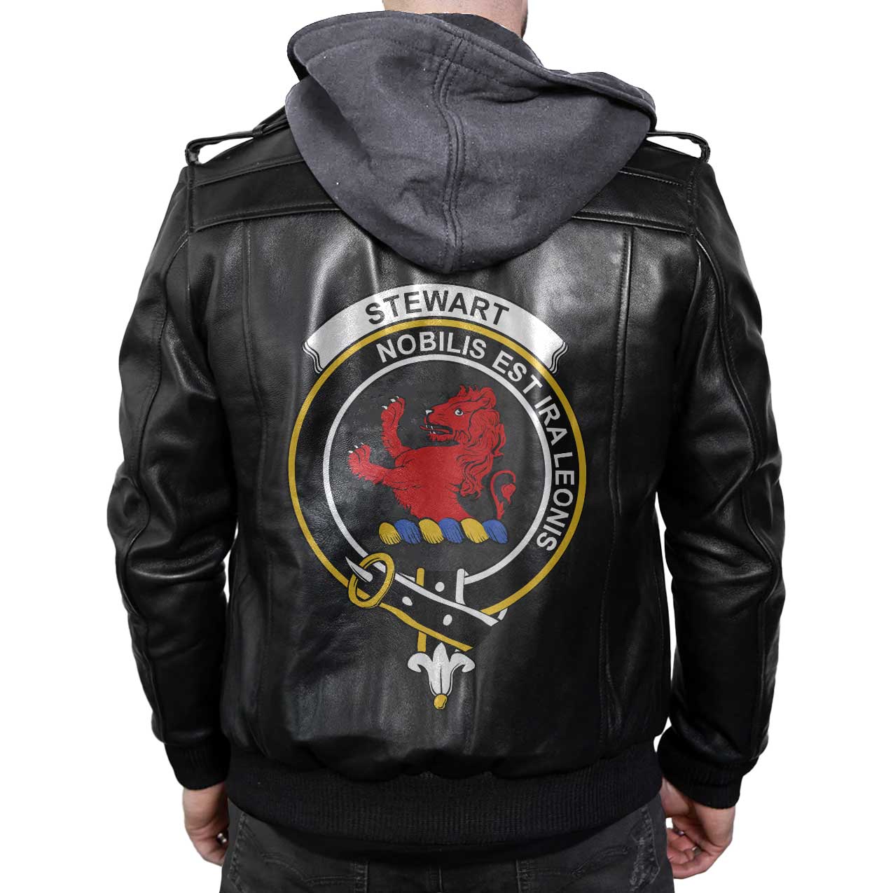 Clan Stewart Stuart Of Bute Tartan Zip Leather Jacket Crest And Plaid Basic Style