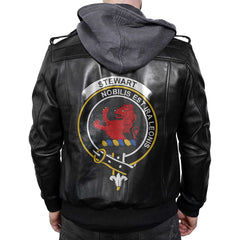 Clan Stewart Stuart Of Bute Tartan Zip Leather Jacket Crest And Plaid Basic Style