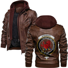 Clan Stewart Stuart Of Bute Tartan Zip Leather Jacket Crest And Plaid Basic Style