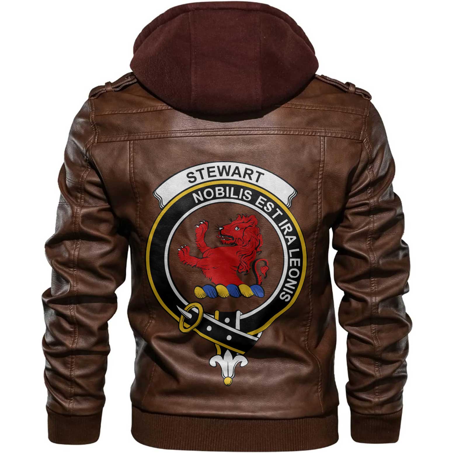 Clan Stewart Stuart Of Bute Tartan Zip Leather Jacket Crest And Plaid Basic Style