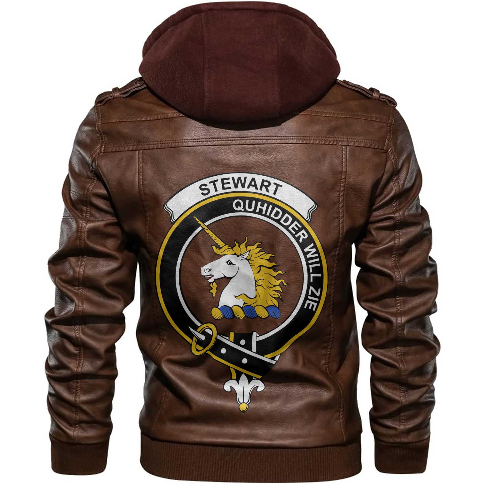 Clan Stewart Of Appin Tartan Zip Leather Jacket Crest And Plaid Basic Style