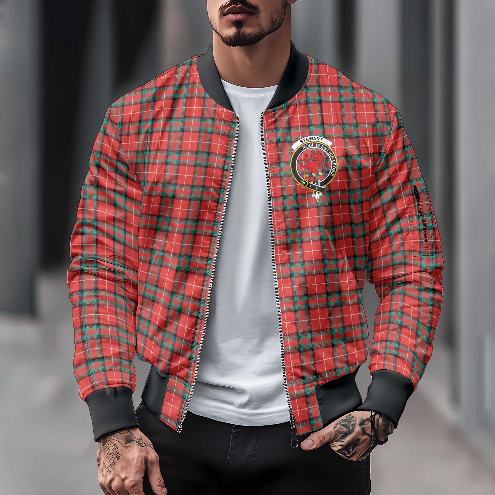 Clan Stewart Of Bute Tartan Men Bomber Jacket Crest And Plaid Basic Style