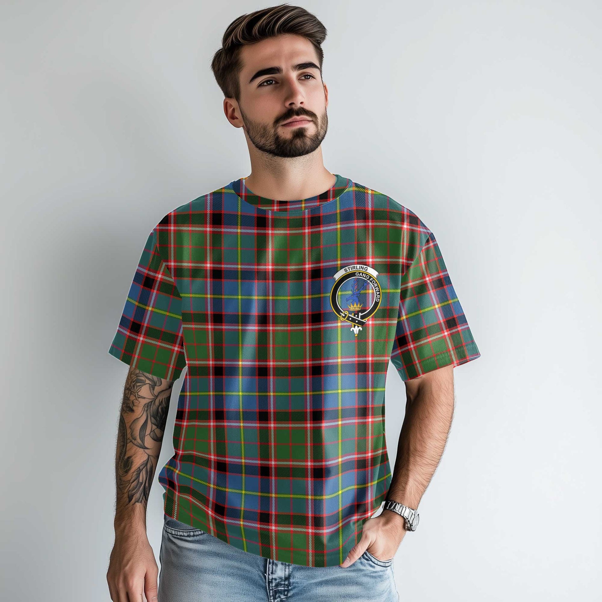 Clan Stirling Tartan Men T Shirt Crest And Plaid Basic Style