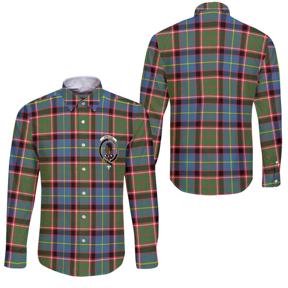 Clan Stirling Of Cadder Present Chief Tartan Long Sleeve Button Shirt Crest And Plaid Basic Style