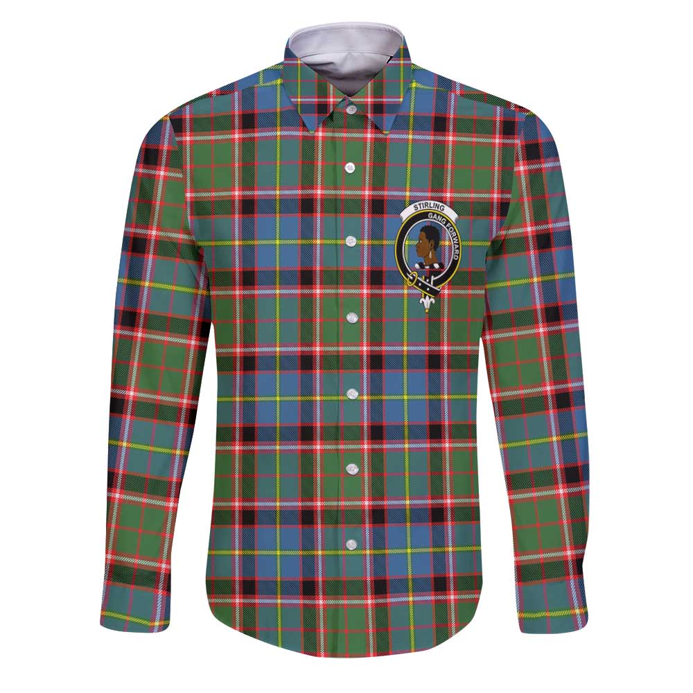 Clan Stirling Of Cadder Present Chief Tartan Long Sleeve Button Shirt Crest And Plaid Basic Style
