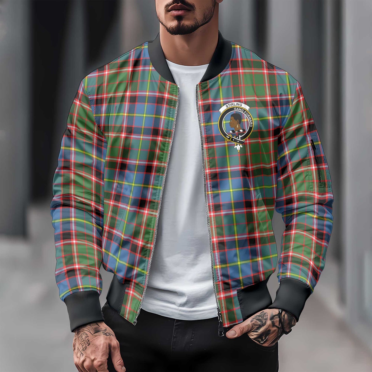 Clan Stirling Of Cadder Present Chief Tartan Men Bomber Jacket Crest And Plaid Basic Style