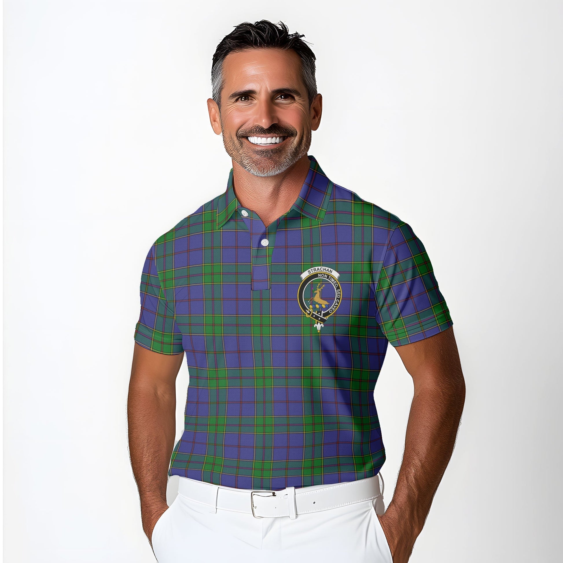 Clan Strachan Tartan Golf Tartan Men Polo Shirt Crest And Plaid Basic Style