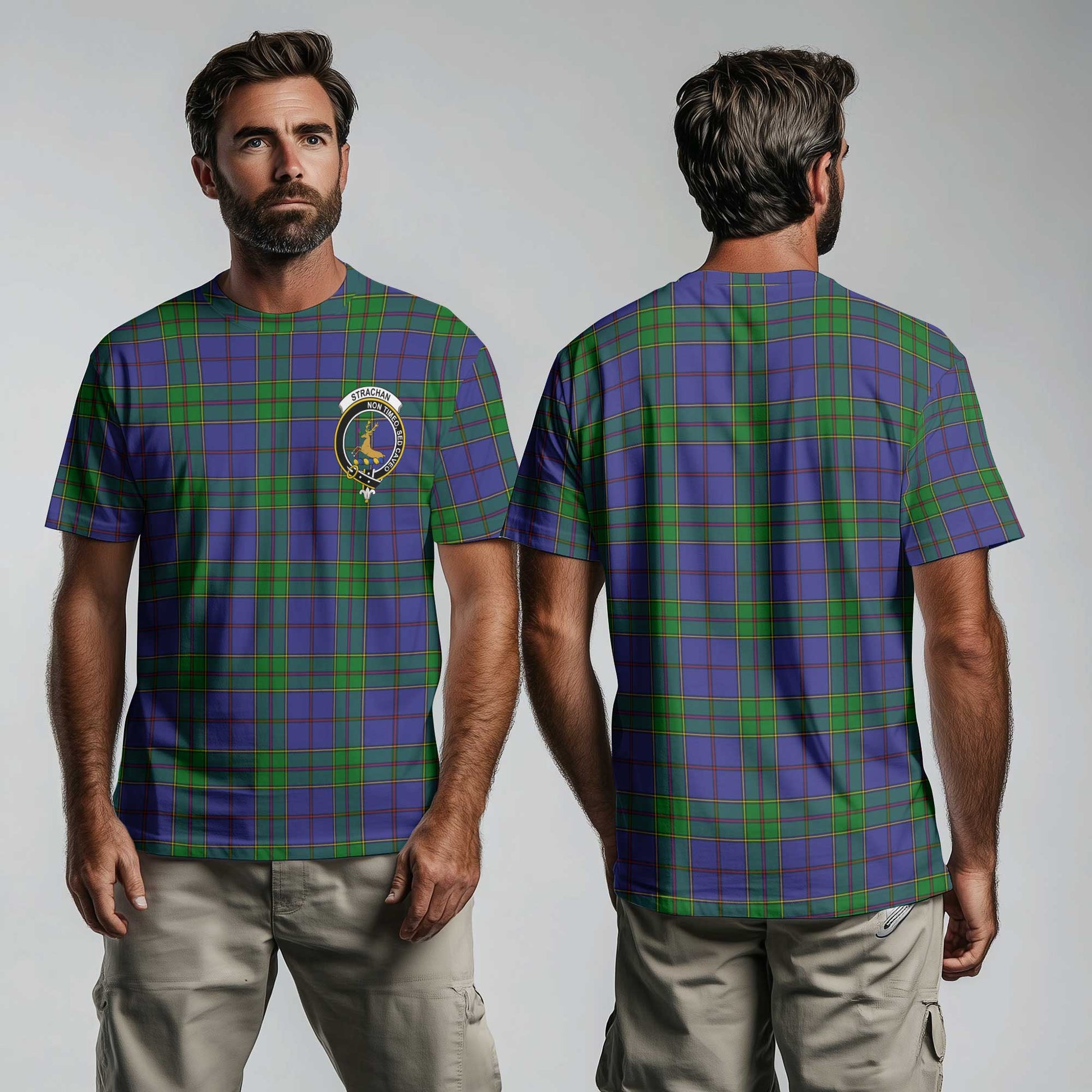 Clan Strachan Tartan Men T Shirt Crest And Plaid Basic Style