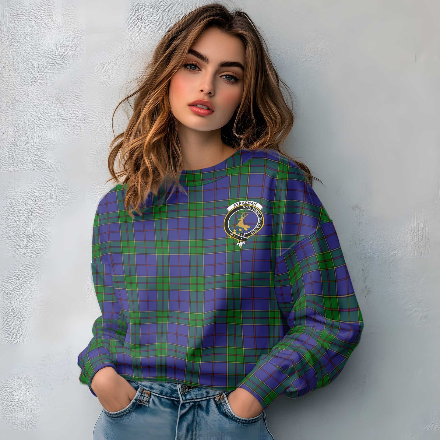 Clan Strachan Tartan Women Sweatshirt Crest And Plaid Basic Style