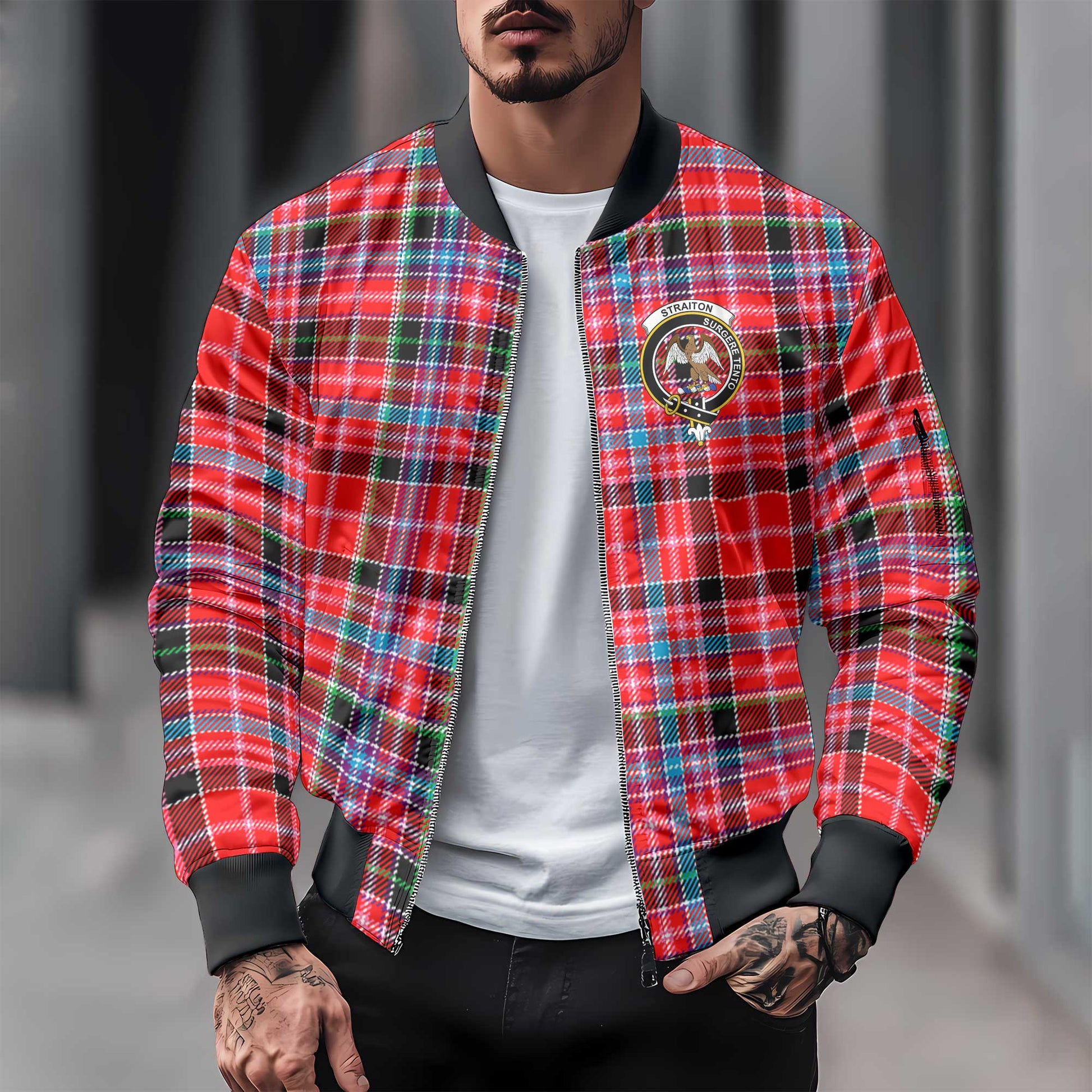 Clan Straiton Tartan Men Bomber Jacket Crest And Plaid Basic Style