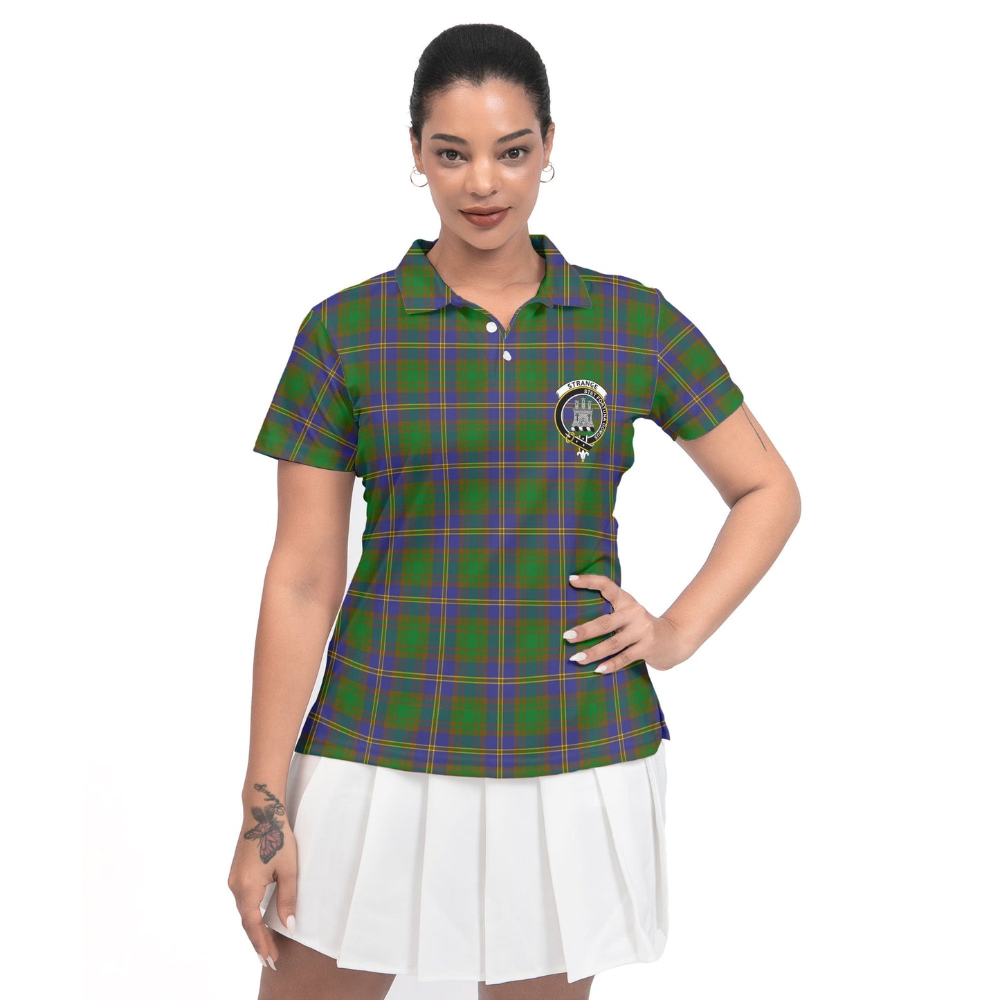 Clan Strange Tartan Women Polo Shirt Crest And Plaid Basic Style