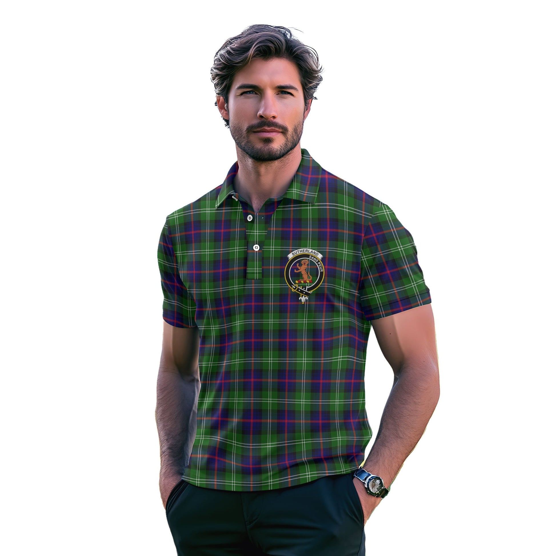 Clan Sutherland I Tartan Golf Tartan Men Polo Shirt Crest And Plaid Basic Style