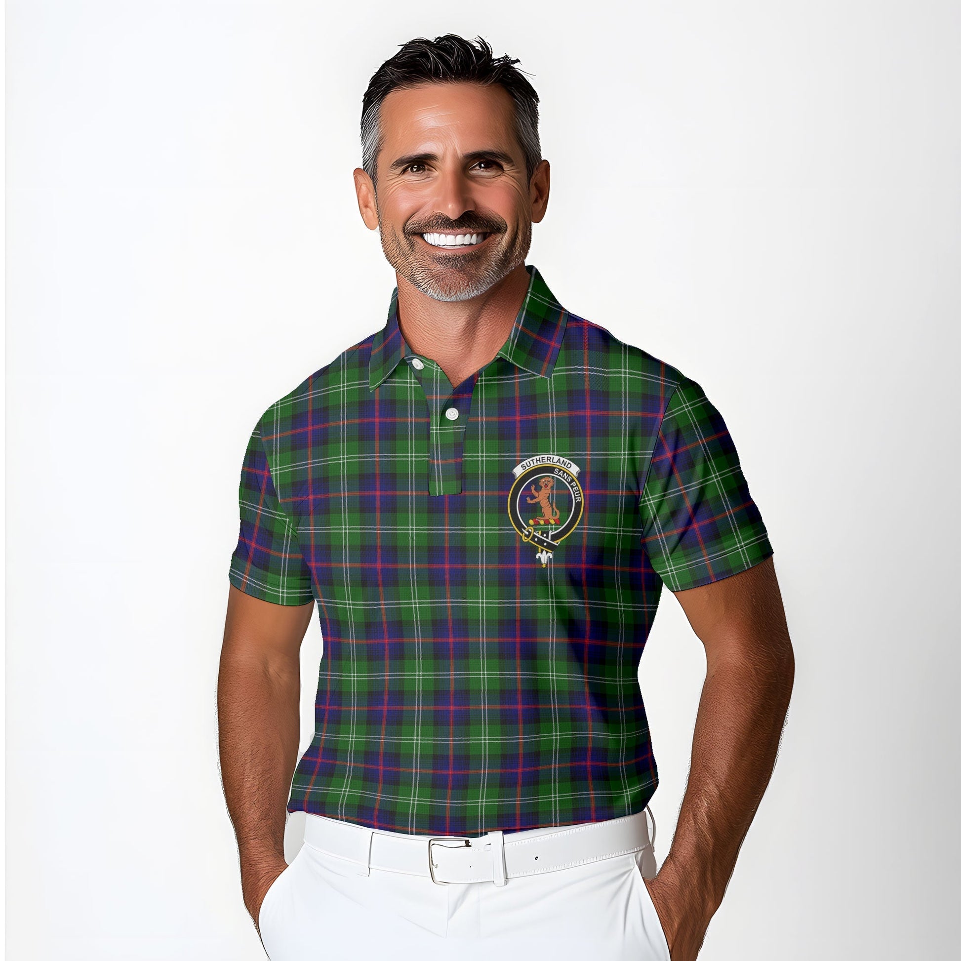 Clan Sutherland I Tartan Golf Tartan Men Polo Shirt Crest And Plaid Basic Style