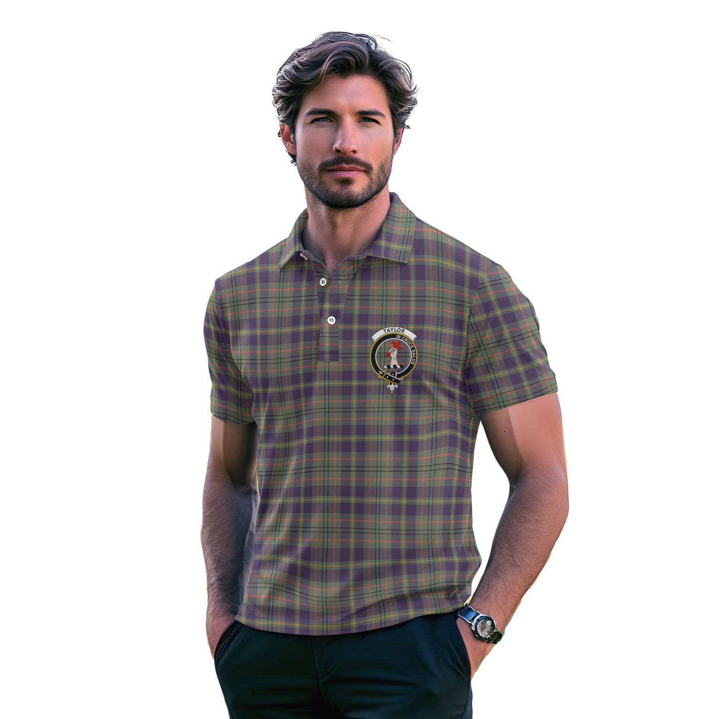 Clan Taylor Tartan Golf Men Polo Shirt Crest And Plaid Basic Style