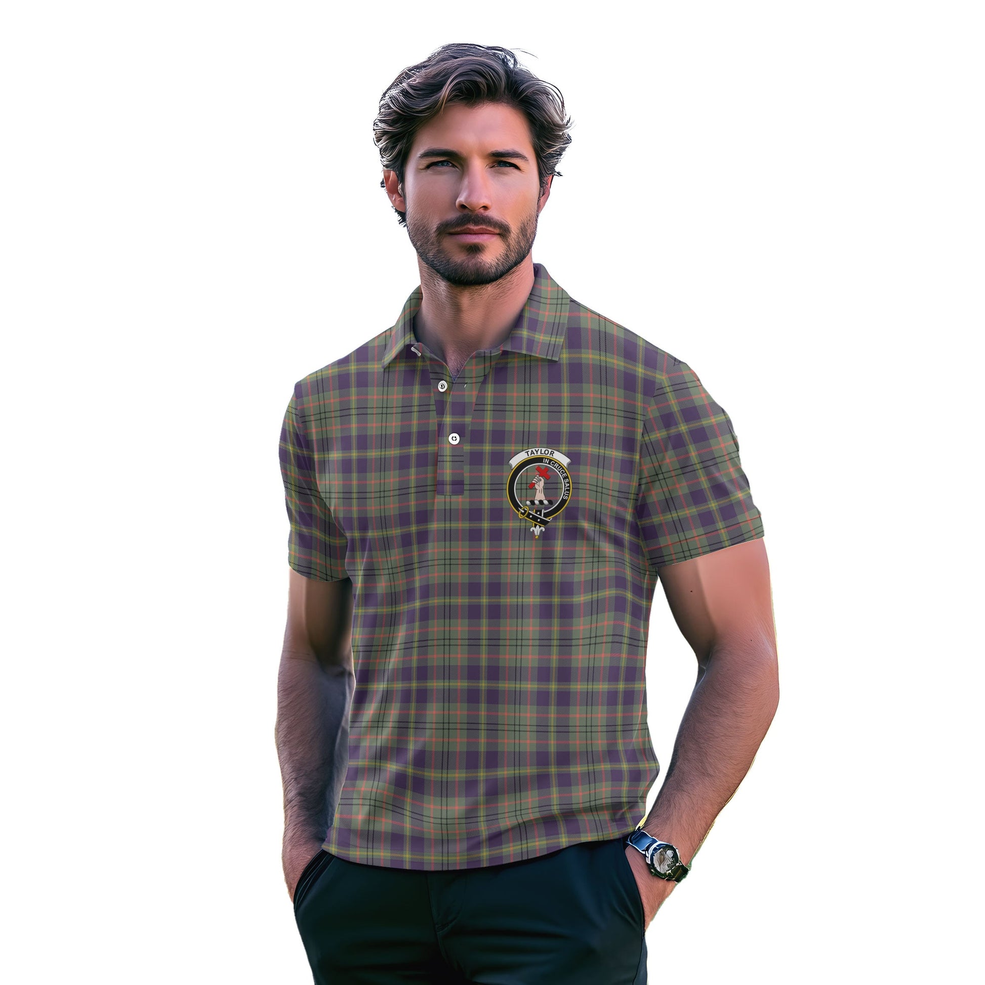 Clan Taylor Tartan Golf Men Polo Shirt Crest And Plaid Basic Style