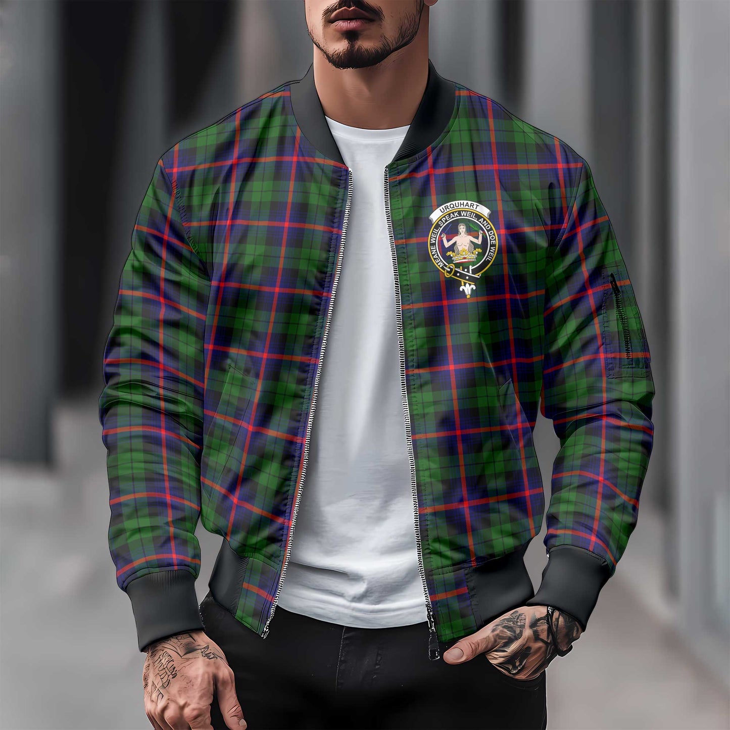 Clan Urquhart Tartan Men Bomber Jacket Crest And Plaid Basic Style