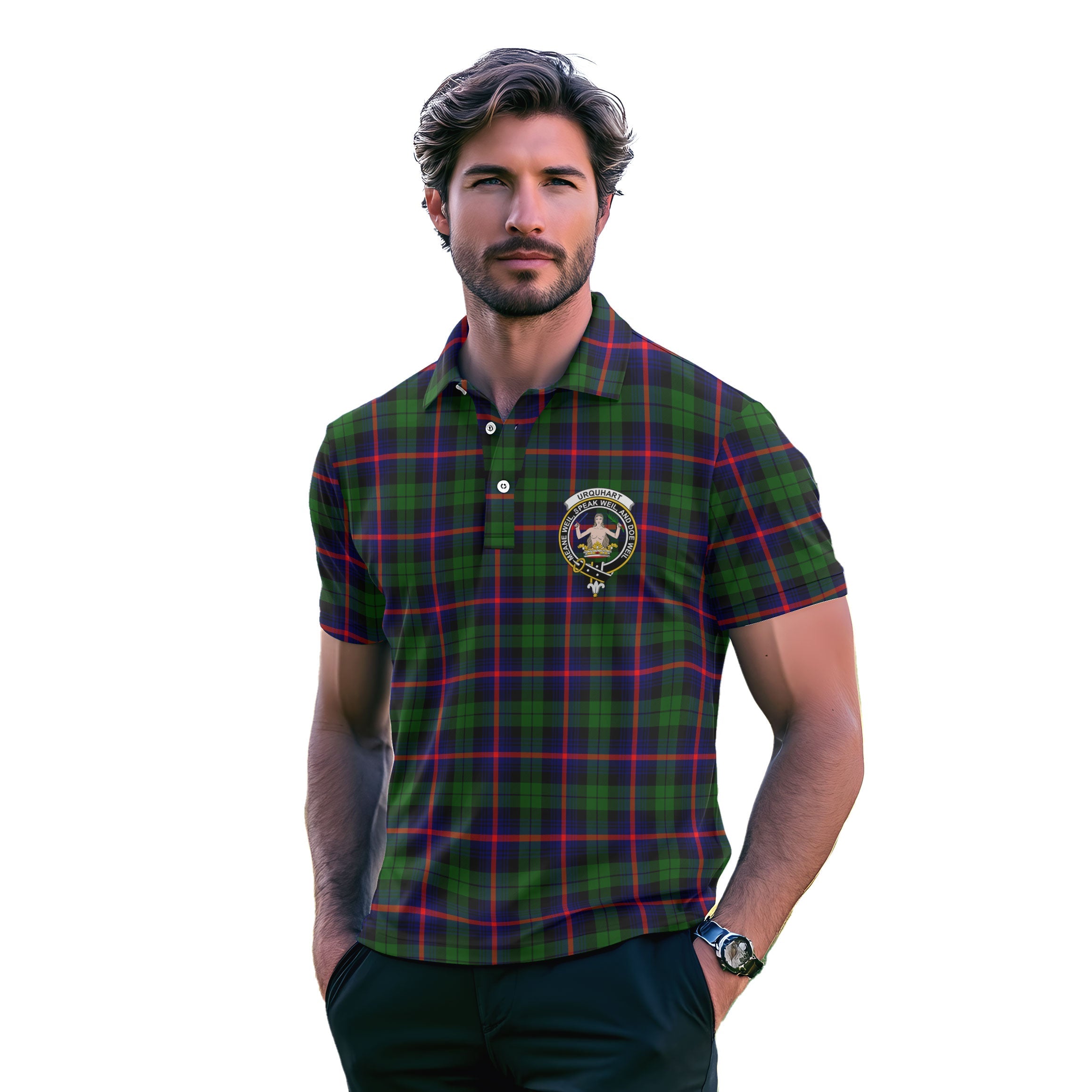 Clan Urquhart Tartan Men Polo Shirt Crest And Plaid Basic Style