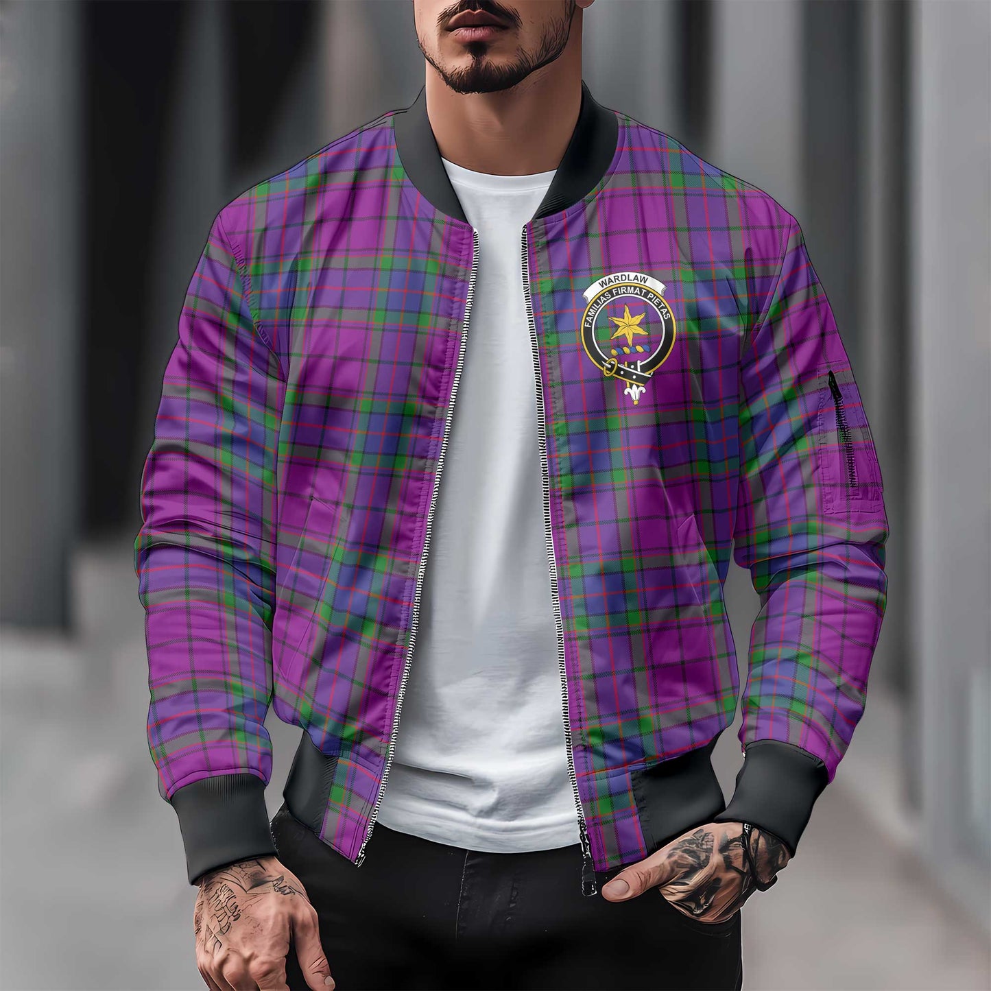 Clan Wardlaw Tartan Men Bomber Jacket Crest And Plaid Basic Style