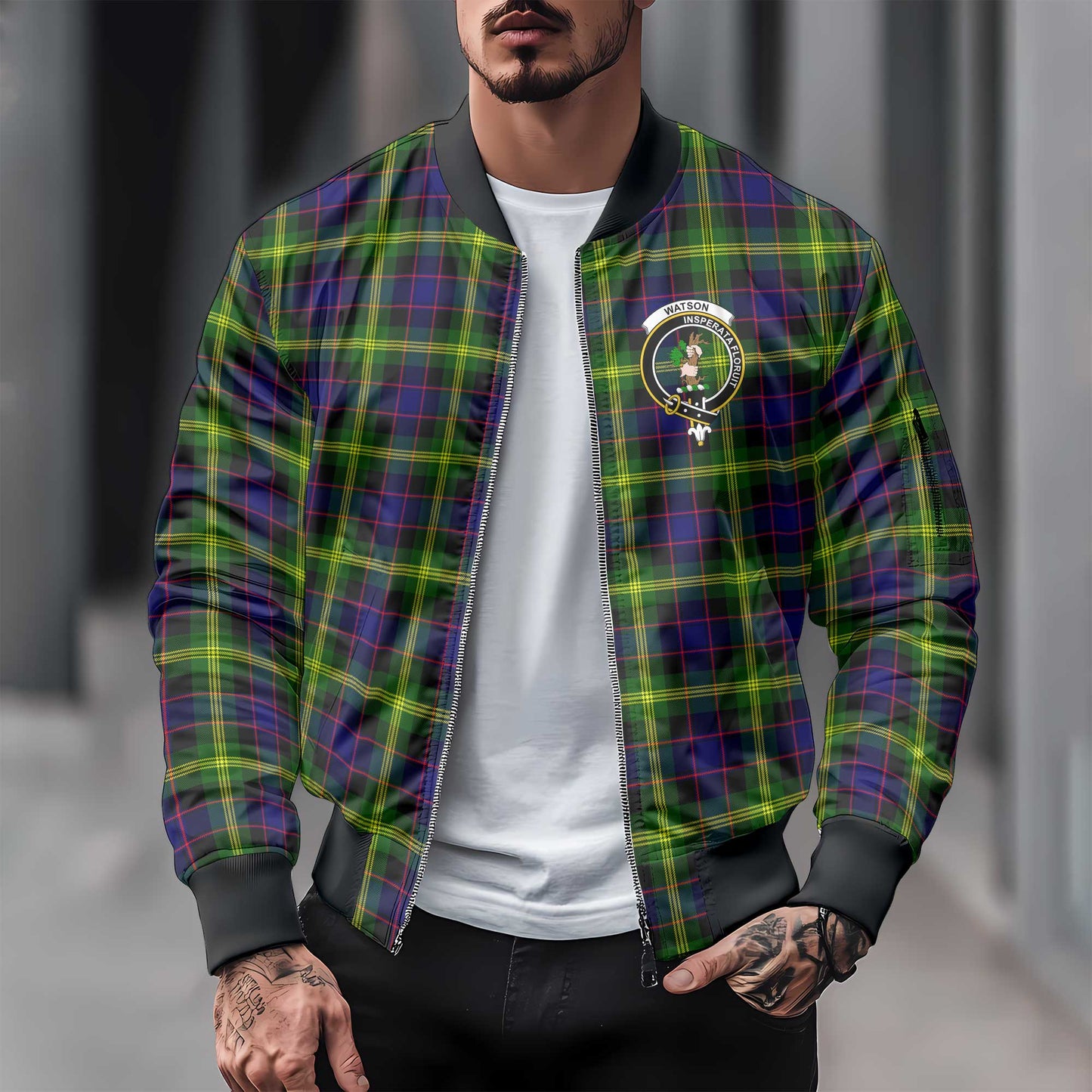 Clan Watson Tartan Men Bomber Jacket Crest And Plaid Basic Style