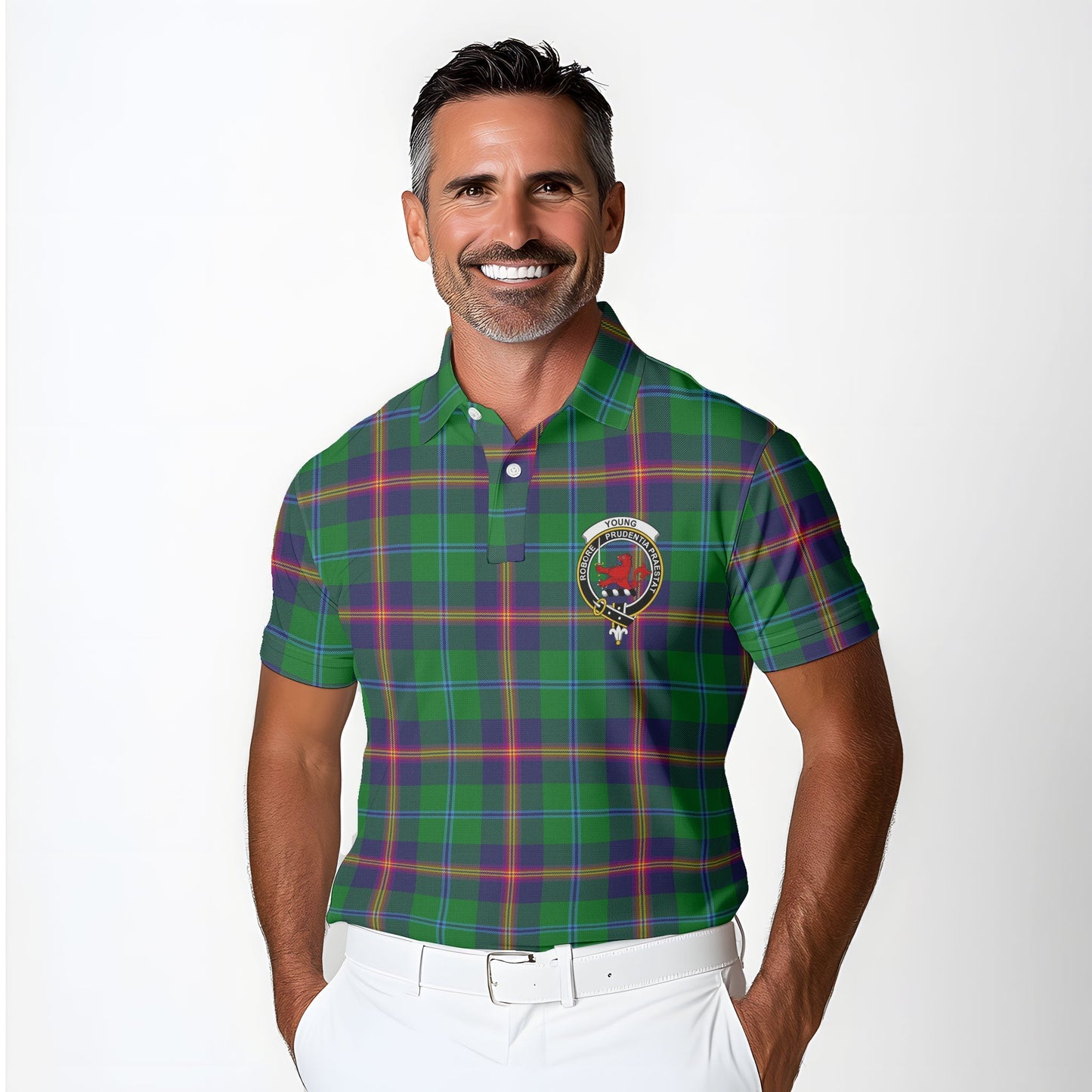 Clan Young Tartan Golf Tartan Men Polo Shirt Crest And Plaid Basic Style