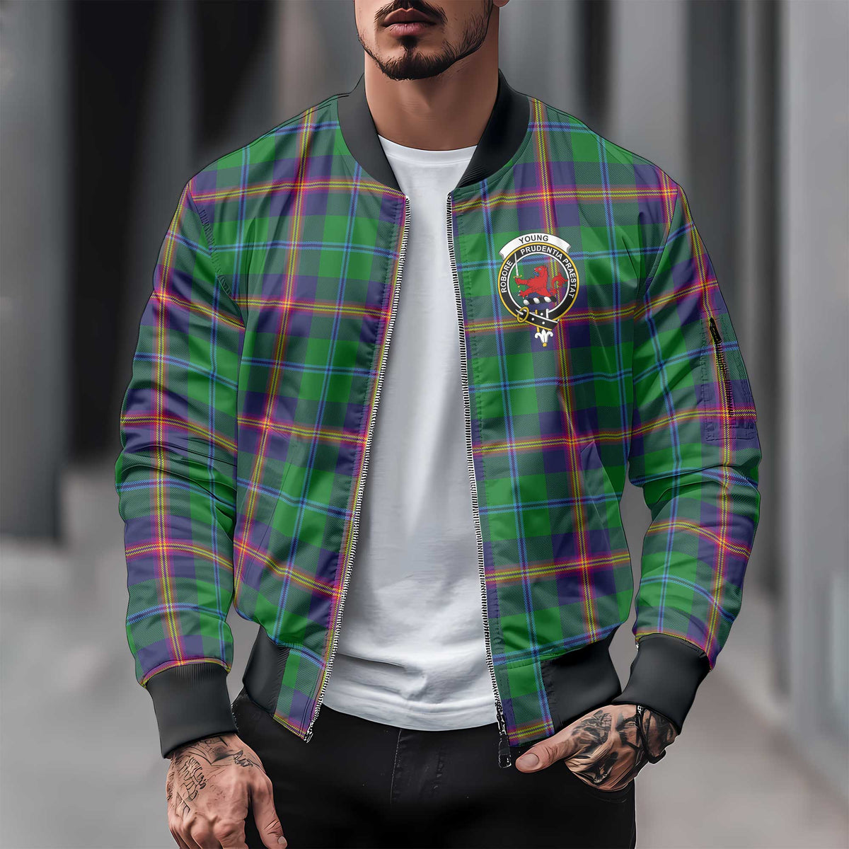 Clan Young Tartan Men Bomber Jacket Crest And Plaid Basic Style