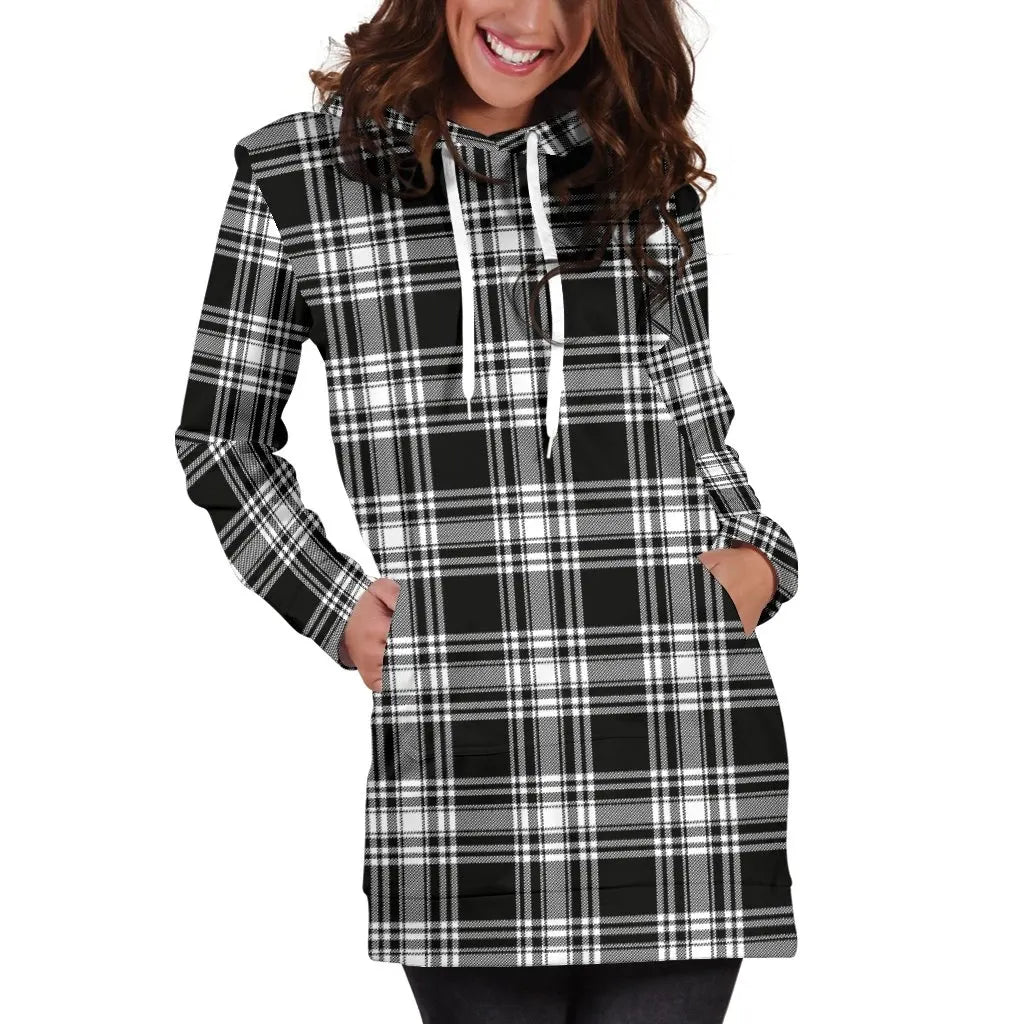 Menzies Black & White Modern Tartan Plaid Hoodie Dress