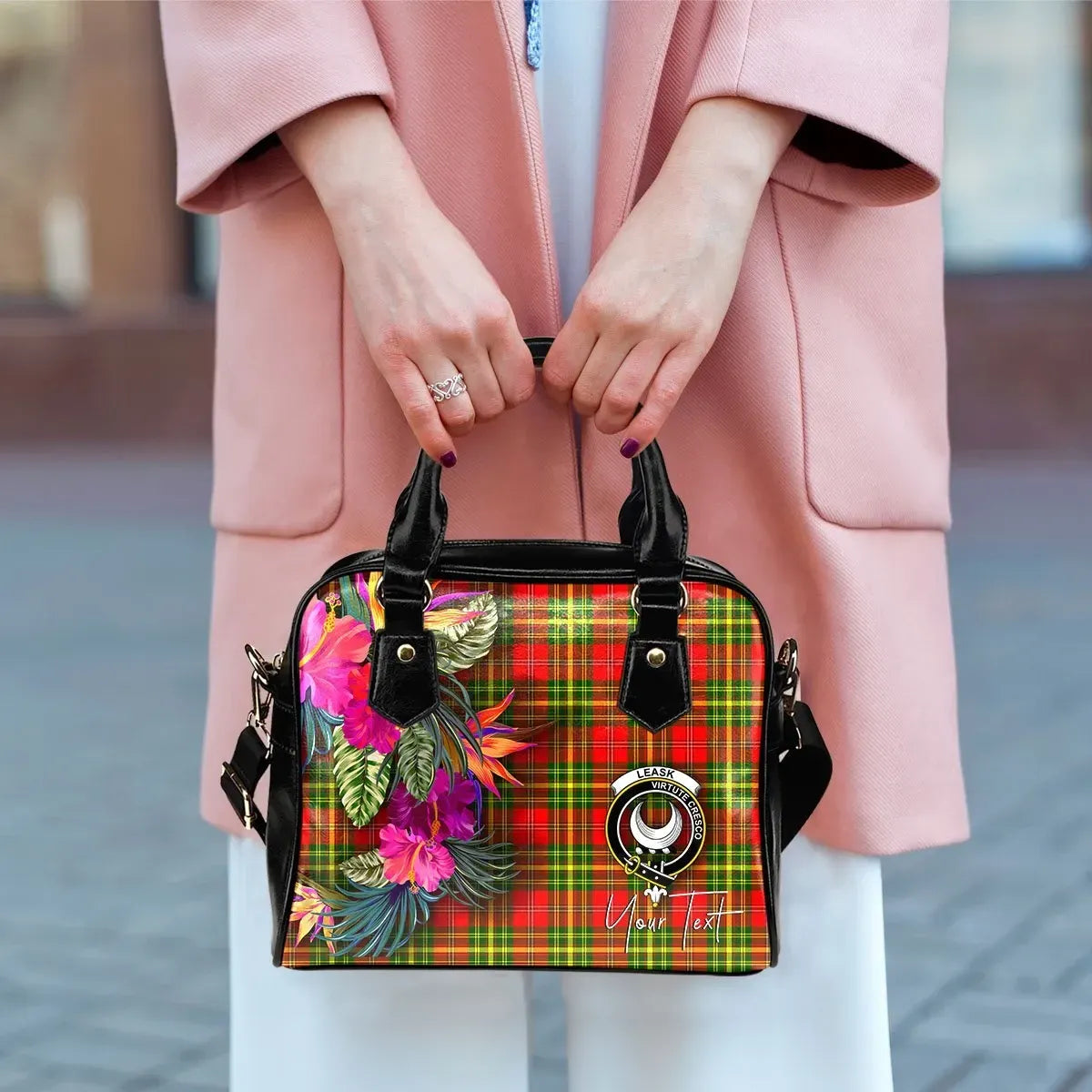 Leask Tartan Hibiscus Shoulder Handbag