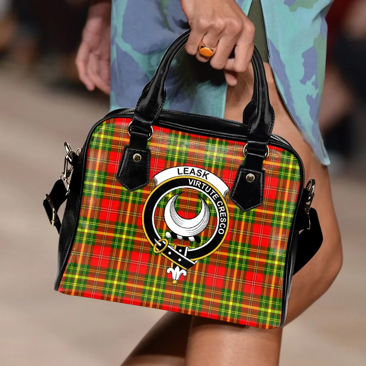 Leask Tartan Crest Shoulder Handbag