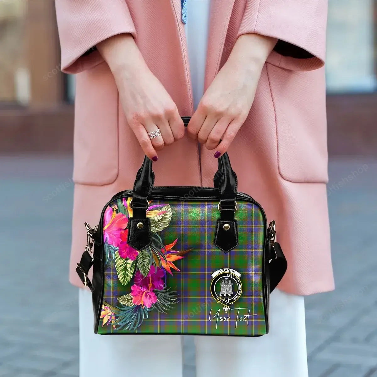 Strange (or Strang) Tartan Hibiscus Shoulder Handbag