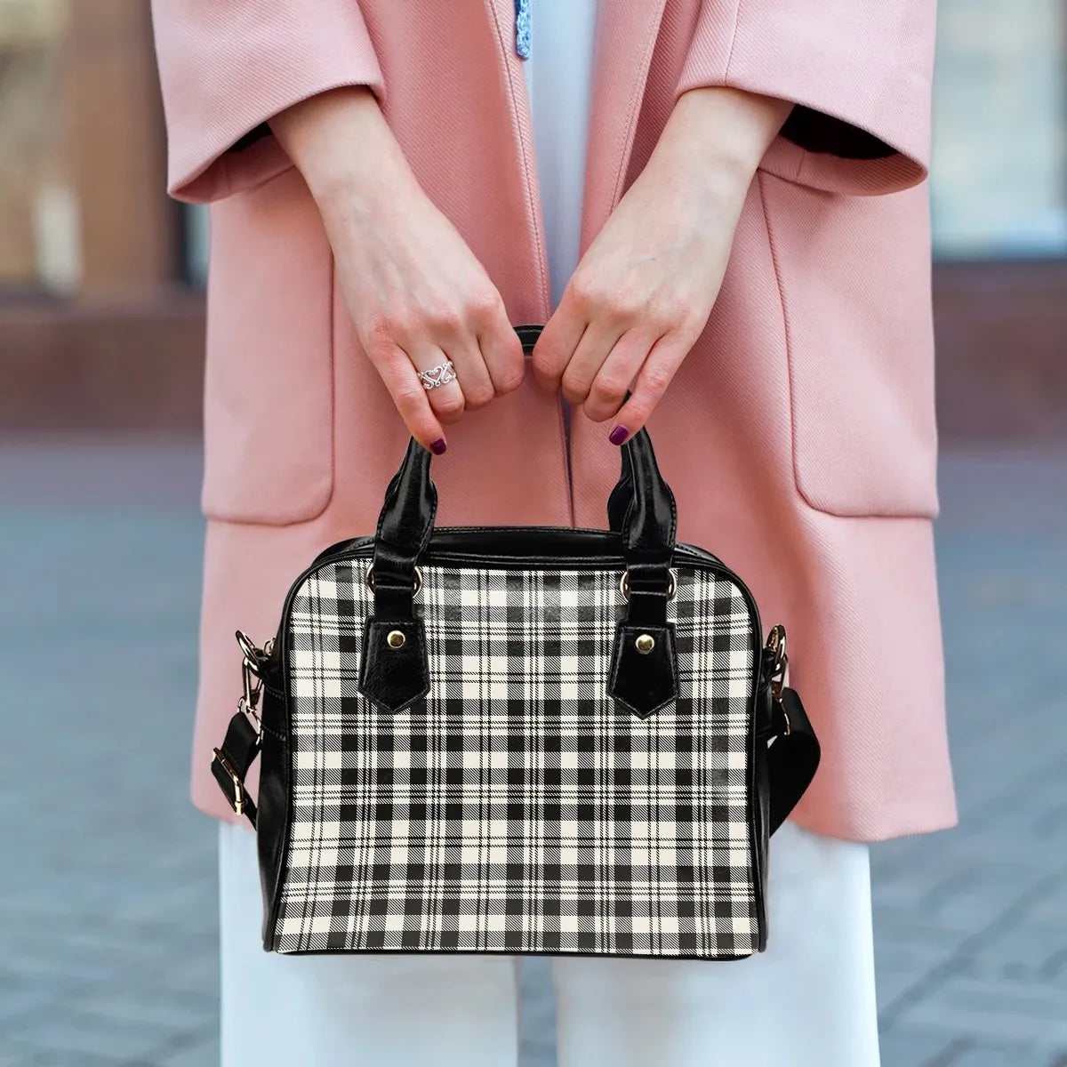 Scott Black & White Ancient Tartan Plaid Shoulder Handbag