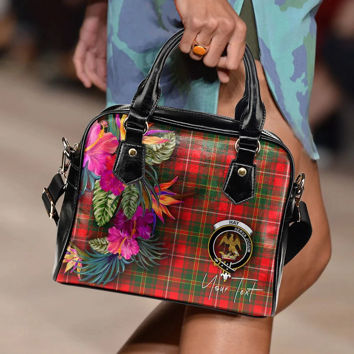 Hay Tartan Hibiscus Shoulder Handbag