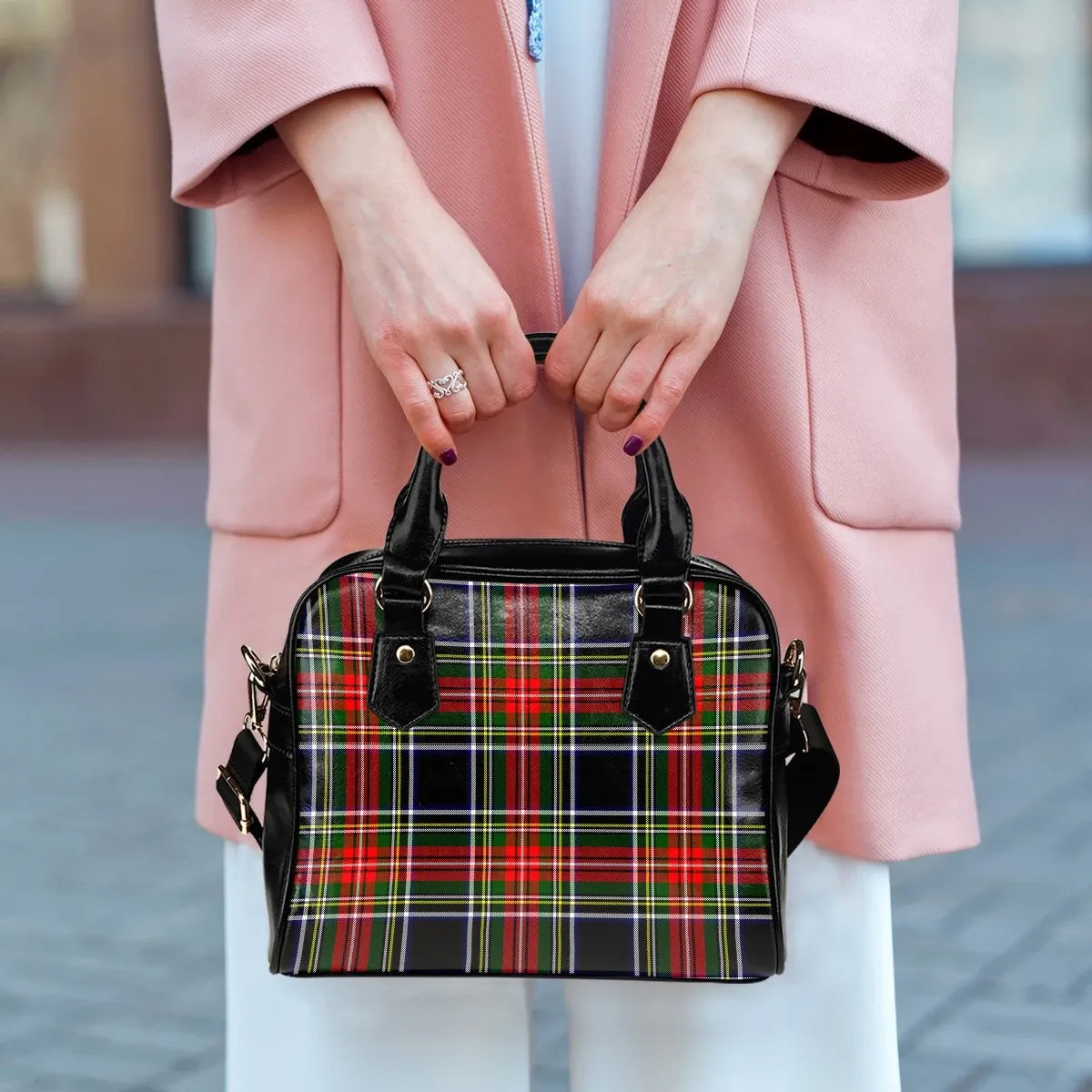 Stewart Black Tartan Plaid Shoulder Handbag