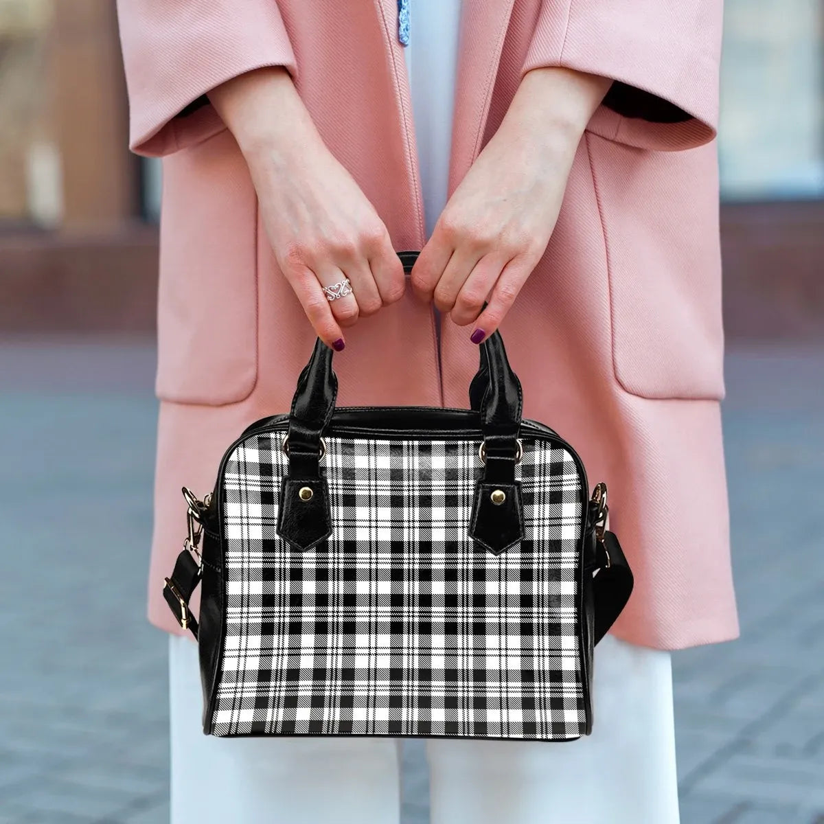 Scott Black & White Modern Tartan Plaid Shoulder Handbag