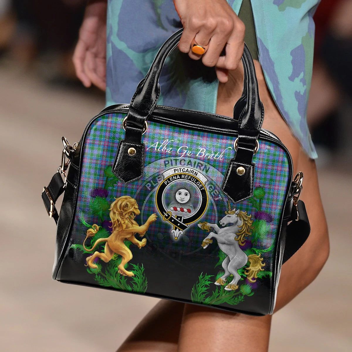 Pitcairn Hunting Tartan Shoulder Handbag Lion Unicorn Thistle Style