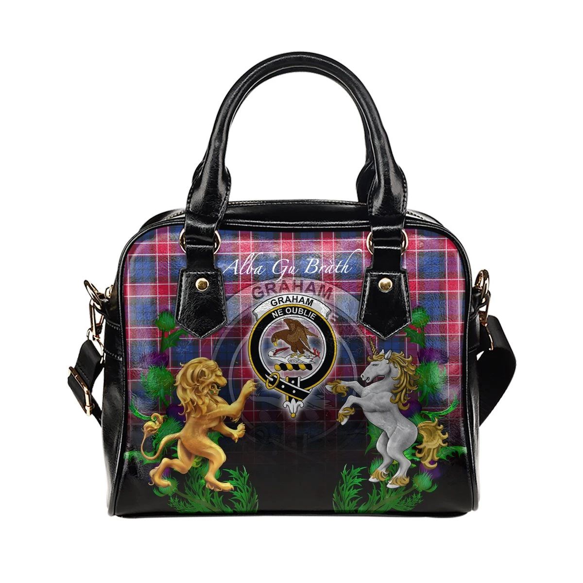 Graham of Menteith Red Tartan Shoulder Handbag Lion Unicorn Thistle Style