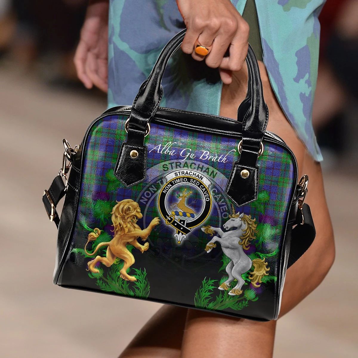 Strachan Tartan Shoulder Handbag Lion Unicorn Thistle Style