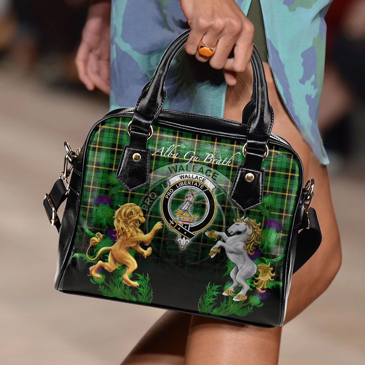 Wallace Hunting - Green Tartan Shoulder Handbag Lion Unicorn Thistle Style